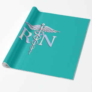 Papel De Regalo Enfermera inscrita RN Silver Caduceus en turquesa