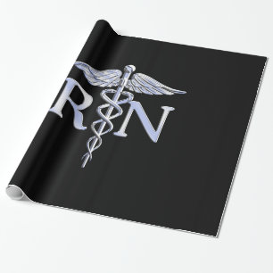 Papel De Regalo Enfermera inscrita RN Silver Caduceus Snakes Black