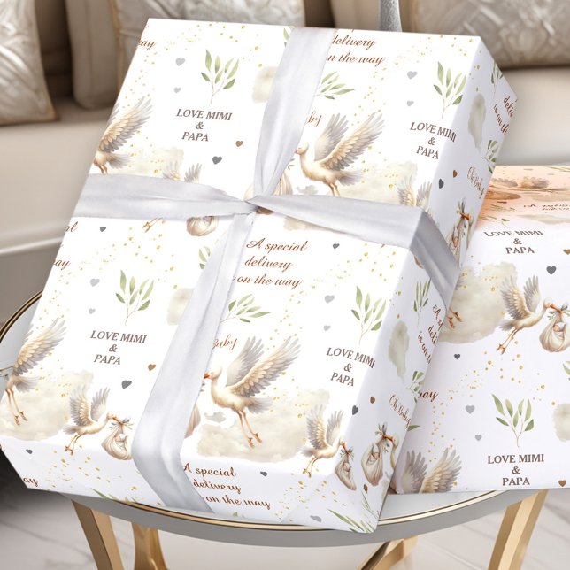 Papel De Regalo Entrega especial Texto de nombre de Recién nacido  (Special Delivery Unisex Stork New Baby Name Text Wrapping Paper)