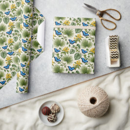 Papel De Regalo Envoltura Botánica de Mariposa Azul Elegante