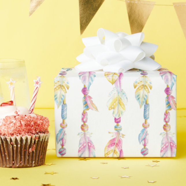 Papel De Regalo Envoltura de arte acuarela con plumas y perlas de  (Fiesta de cumpleaños )