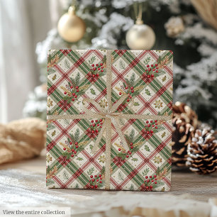 Papel De Regalo Envoltura de bayas de acebo de acuarela roja y ver