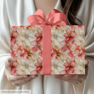 Papel De Regalo Envoltura de cumpleaños floral dorada y rosa elega