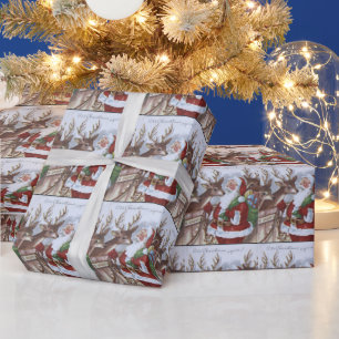 Papel De Regalo Envoltura de fiesta con azulejos de reno y Santa V