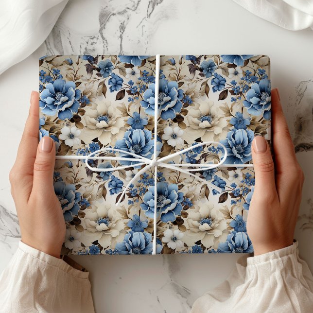 Papel De Regalo Envoltura de Lujo Floral Marfil Azul Sofisticada (Sophisticated Blue Ivory Floral Luxury Wrapping Paper)