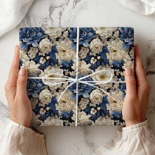 Papel De Regalo Envoltura de Lujo Floral Marfil Blanco Azul Premiu