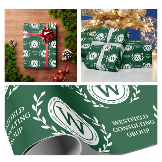 Papel De Regalo Envoltura de regalo con monograma comercial elegan (business elegant monogram wrapping paper holiday green festive christmas party best promotional work)