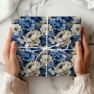 Papel De Regalo Envoltura de regalo elegante floral marfil azul de