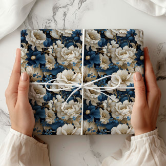 Papel De Regalo Envoltura de Regalo Floral Marfil Blanco Azul Opul