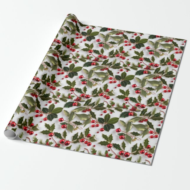 Papel De Regalo Envoltura festiva de Wonderland 'Holly Berries' (Desenrollado)