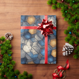 Papel De Regalo Envoltura urbana hexagonal azul y dorada