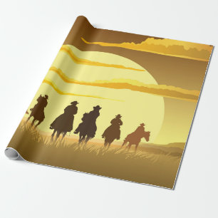 Papel De Regalo Equipo de silueta de vaqueros galopando contra un