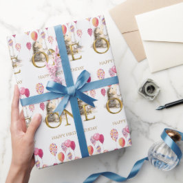 Papel De Regalo Erizo de primer cumpleaños con globos rosas