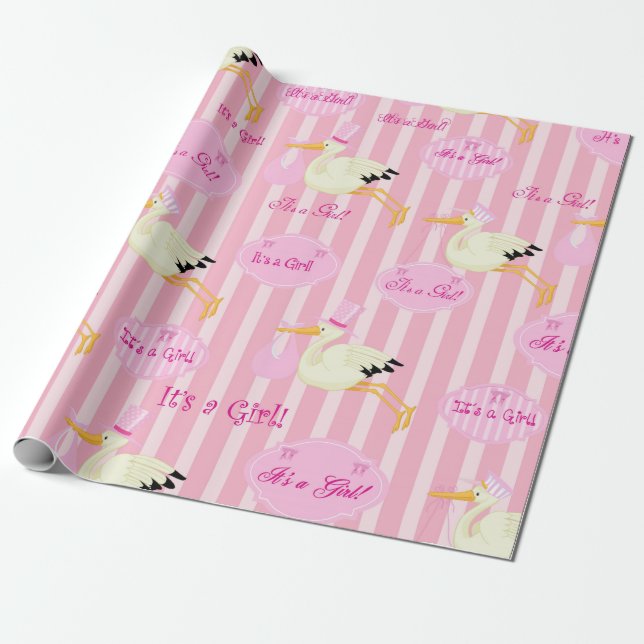 Papel De Regalo Es un tema de cigüeña rosa bonito chica (Desenrollado)