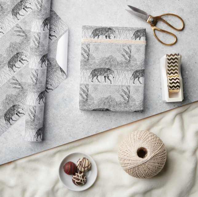 Papel De Regalo Esbozo Wolf Arte Animal salvaje Monocromo (Artesanía)