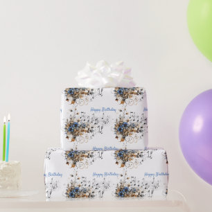 Papel De Regalo Escala de notas musicales Flores de acuarela azule