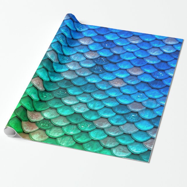 Papel De Regalo Escalas de peces de sirena de Purpurina verde azul (Desenrollado)