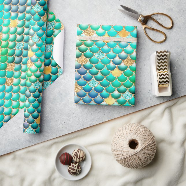 Papel De Regalo Escalas de sirena de Purpurina Ombre Verde y Relie (Artesanía)