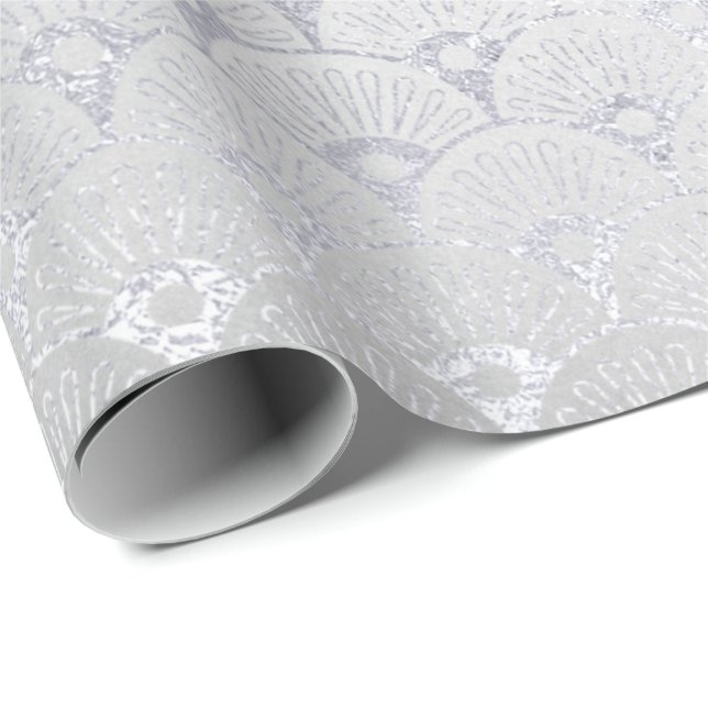 Papel De Regalo Escalas florales gris plateadas Seashelos Art Deco (Esquina del rollo)