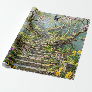 Papel De Regalo Escalera Surrealista de Primavera que se Traga Flo