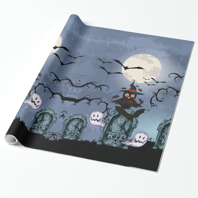 Papel De Regalo Escandaloso Cementerio De Halloween Con Lechuza En (Desenrollado)