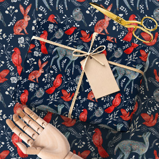 Papel De Regalo Escandinavo Nórdico Folk Bosque Animales Invierno