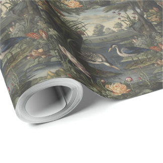 Papel De Regalo Escena botánica de la grúa azul a orillas de un rí