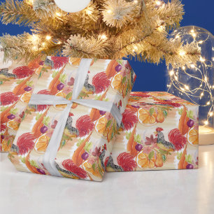 Papel De Regalo Escena campestre de gallo rojo acuarela pintada a