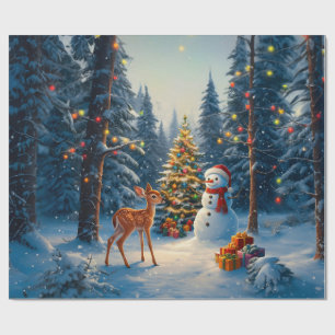 Papel De Regalo Escena De Árbol De Navidad Cute Deer Fawn Snowman