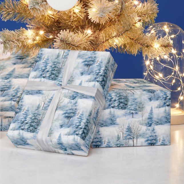Papel De Regalo Escena de árboles de Navidad nevados enlosada (Vacaciones)