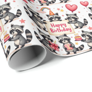 Papel De Regalo Escena De Celebración Del Cumpleaños De Raccoon - 