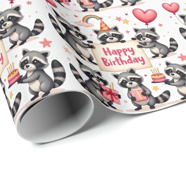 Papel De Regalo Escena De Celebración Del Cumpleaños De Raccoon -  (Esquina del rollo)