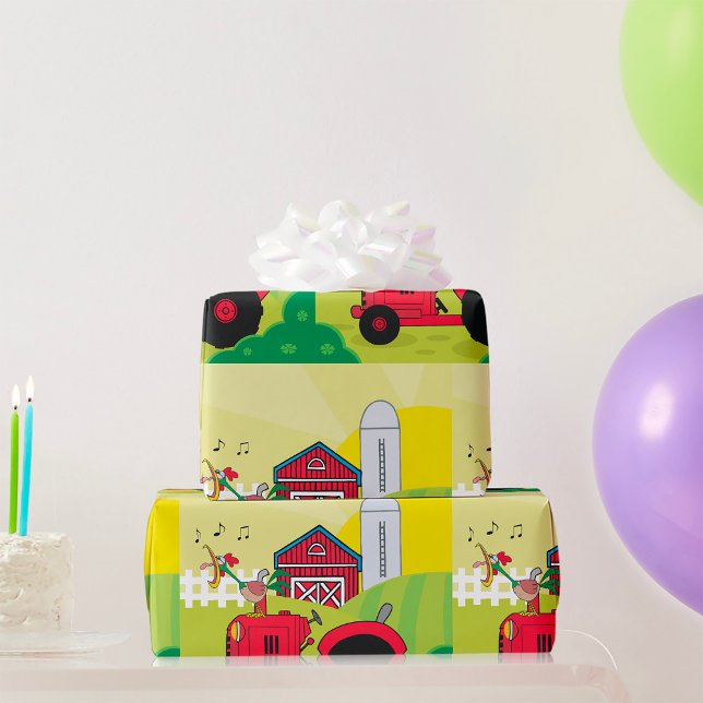 Papel De Regalo Escena de granja con gallo de canto en el tractor (Subido por el creador)