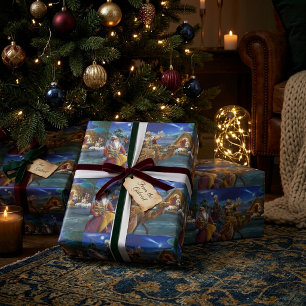 Papel De Regalo Escena de la Natividad con los Reyes Magos vacacio