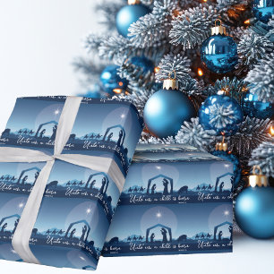 Papel De Regalo Escena de la Natividad de Navidad Religiosa Azul