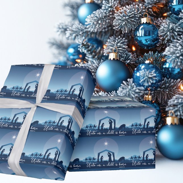 Papel De Regalo Escena de la Natividad de Navidad Religiosa Azul (Subido por el creador)