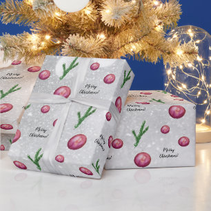Papel De Regalo Escena de Navidad Ramas y Bolas Acuarela