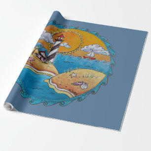 Papel De Regalo Escena de playa de faro caprichosa Arte popular co