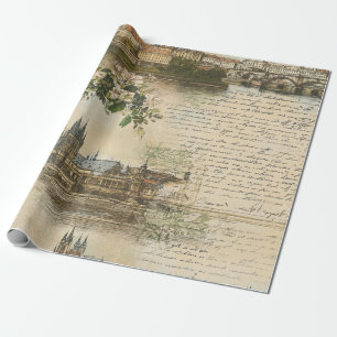 Papel De Regalo Escena del río europeo vintage - Guión manuscrito