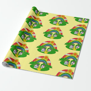 Papel De Regalo Escena rural personalizado con arcoiris y casa de