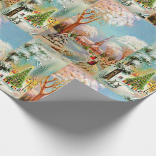 Papel De Regalo Escenas Navideñas Vintage de Iglesia con Nieve Chi