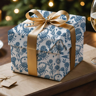 Papel De Regalo Escorpio Zodíaco Floral Azul Celestial Intrincado