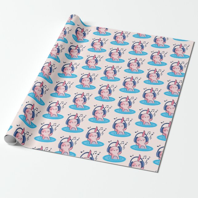 Papel De Regalo Escuche De Música De Cute Axolotl (Desenrollado)