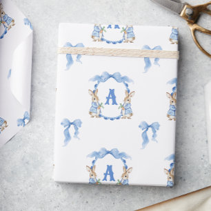 Papel De Regalo Escudo Monograma de Blue Bunny Rabbit Gingham