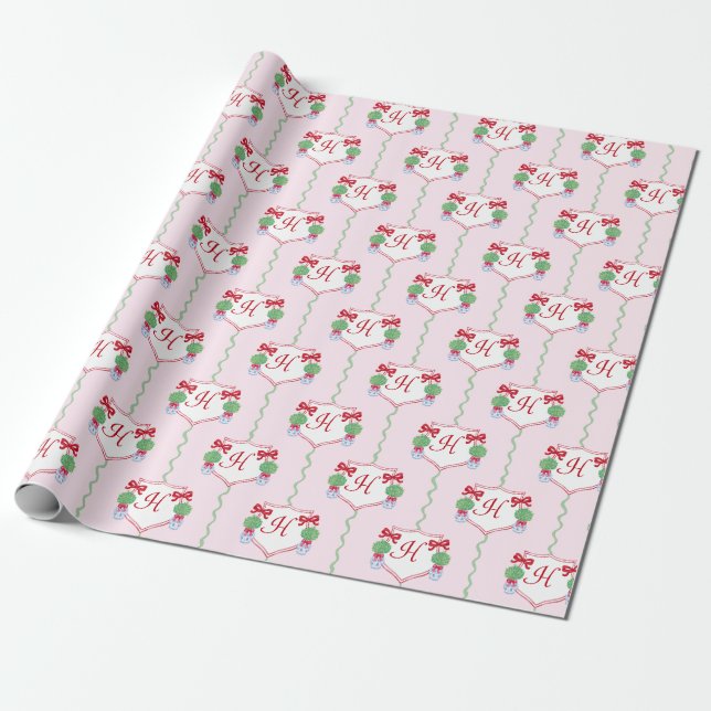 Papel De Regalo Escudo Monograma de Navidades Preppy Personalizado (Desenrollado)