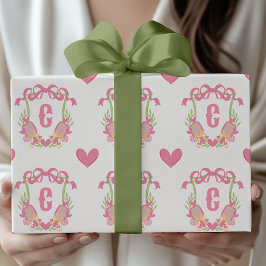 Papel De Regalo Escudo Monograma de remo rosa y verde de pellebol