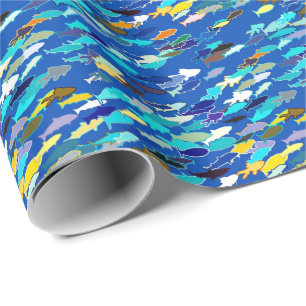 Papel De Regalo Escuela de peces, azul oscuro, blanco y turquesa