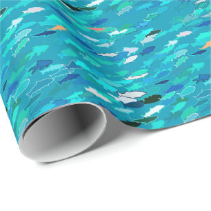 Papel De Regalo Escuela de Pescado, Turquesa, Azul y Aqua