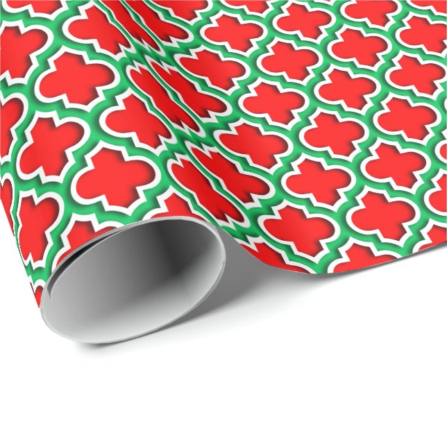 Papel De Regalo Esmeralda Blanca Roja Verde Quatrefoil Marroquí #5 (Esquina del rollo)