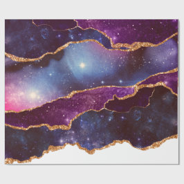 Papel De Regalo Espacio azul y púrpura y estrellas con cinta dorad
